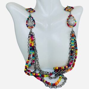 Vintage Multicolor Flower Silver Beaded Station Kantha Statement Necklace 39”